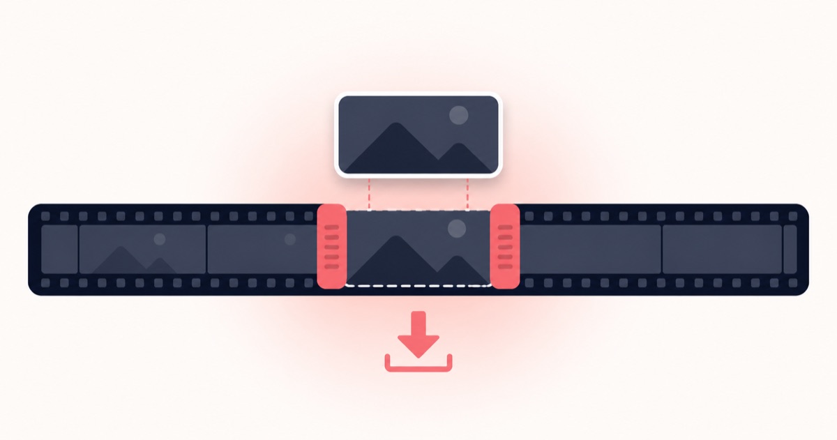 Coral trim handles isolating one segment of a dark film strip, with the cut clip lifted out above it and a download arrow below, showing how a YouTube video cutter downloads only the selected part