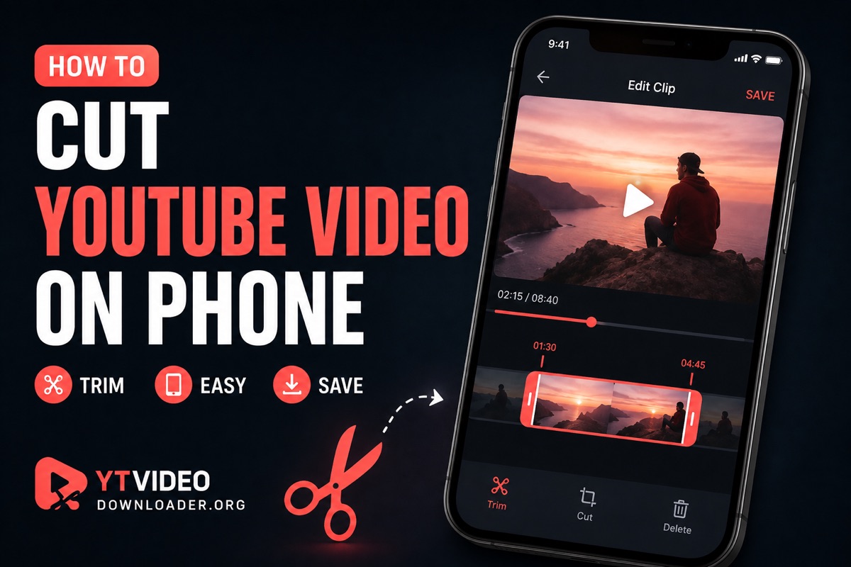 How to cut a YouTube video on a phone: a smartphone showing a clip editor with coral trim handles set from 01:30 to 04:45 on the filmstrip, and Trim, Cut and Delete controls along the bottom