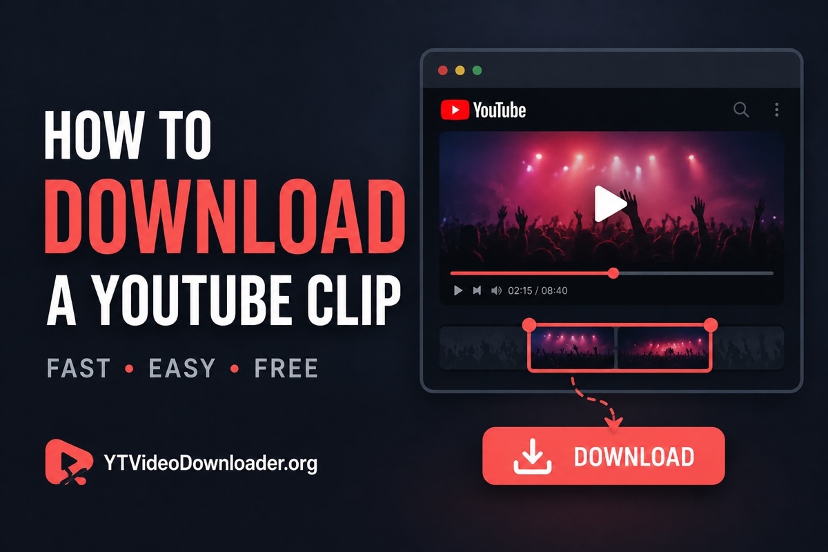 How to download a YouTube clip: a browser window playing a YouTube video, with a coral selection box drawn around two frames on the timeline strip and a large coral download button underneath