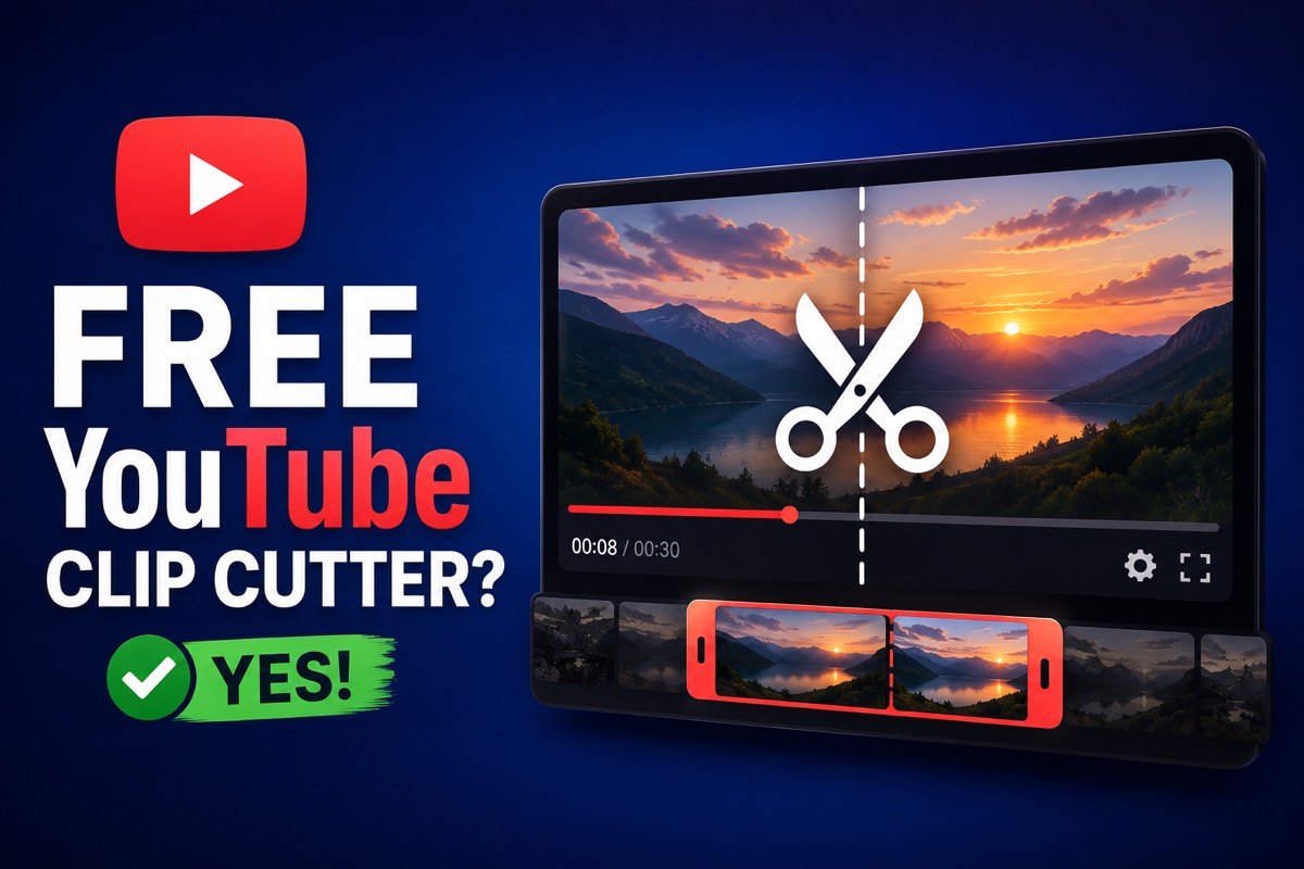 Is there a free YouTube clip cutter: a tablet showing a video paused at 00:08 of 00:30 with scissors across the frame and a red trim selection on the filmstrip below, beside the words Free YouTube Clip Cutter and a green yes tick
