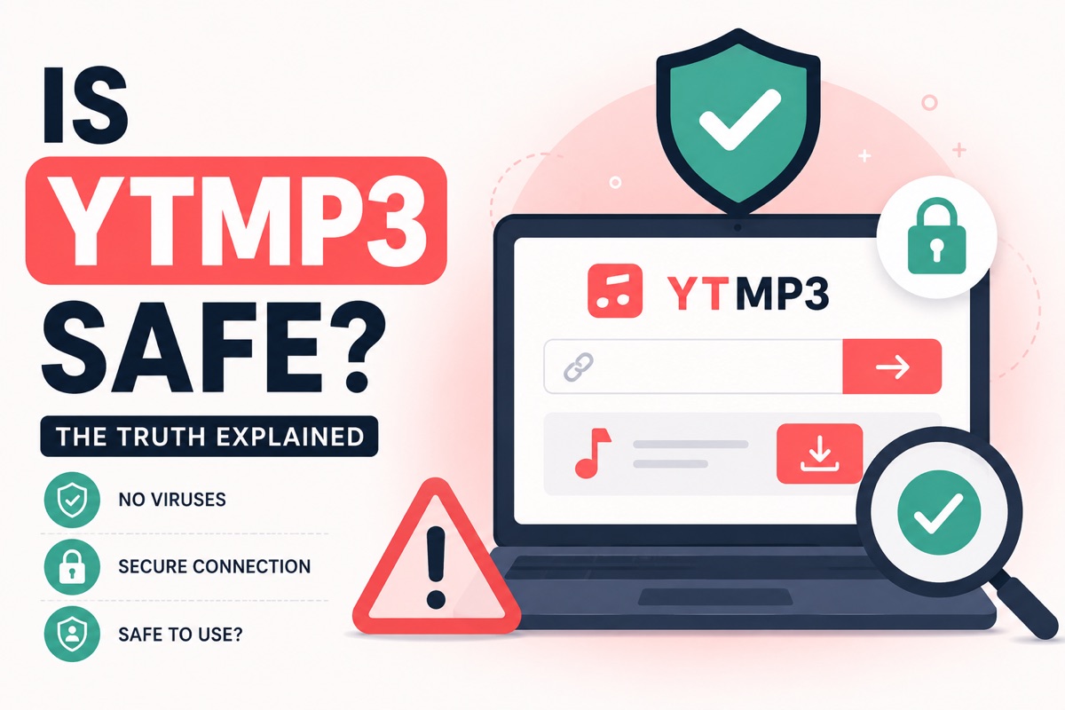 Is YTMP3 safe, the truth explained: a laptop showing a YouTube to MP3 converter with a link box and a download button, surrounded by a shield, a padlock, a warning triangle and a magnifying glass