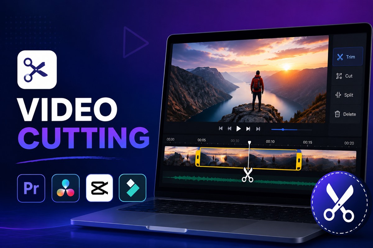 What software is used to cut videos: a laptop running a video editor with Trim, Cut, Split and Delete controls, a yellow selection box on the timeline and desktop editor app icons beside it