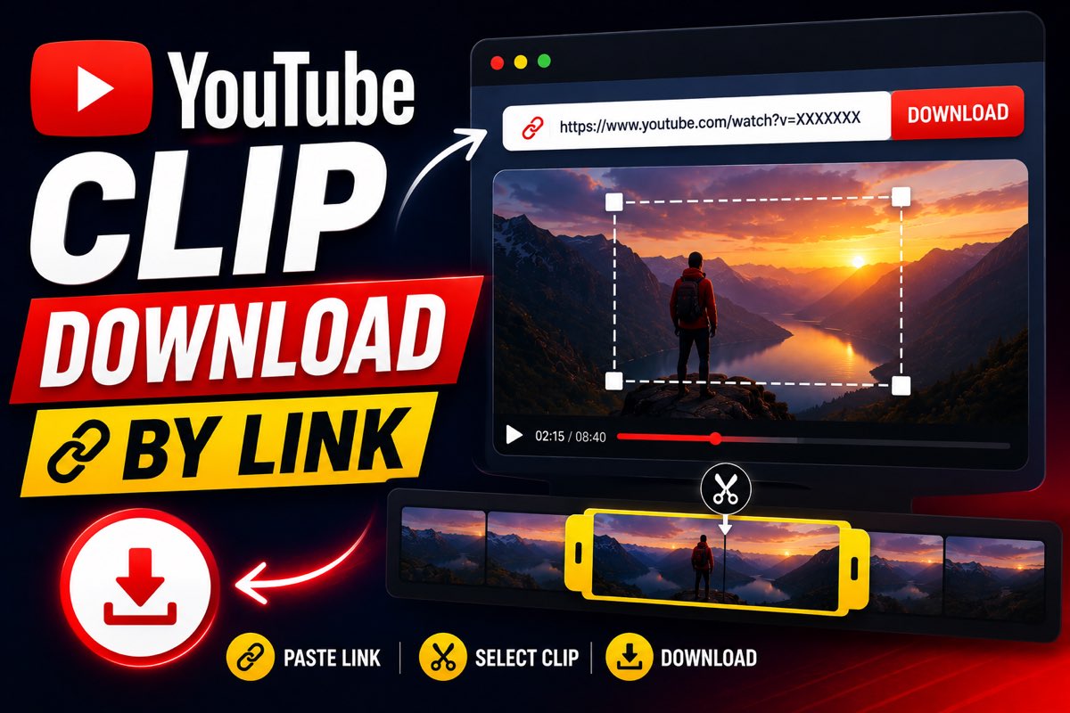 How to download YouTube clips by link: a browser showing a youtube.com/watch?v= address pasted into a downloader, the video paused at 02:15 of 08:40 with a section selected on the filmstrip below, and three steps labelled paste link, select clip, download