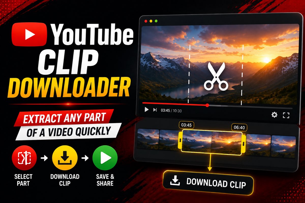 YouTube clip downloader extracting any part of a video quickly: a player paused at 03:45 of 10:30 with scissors between two dashed cut lines, a filmstrip below with the range from 03:45 to 06:40 selected, and a download clip button