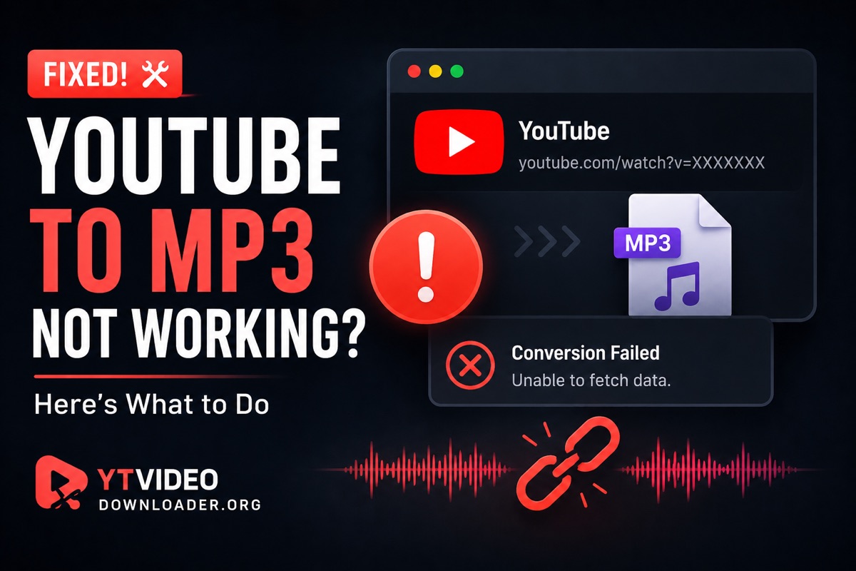 YouTube to MP3 not working: a browser window showing a YouTube link converting towards an MP3 file, blocked by a red error icon, with a Conversion Failed, unable to fetch data message below it