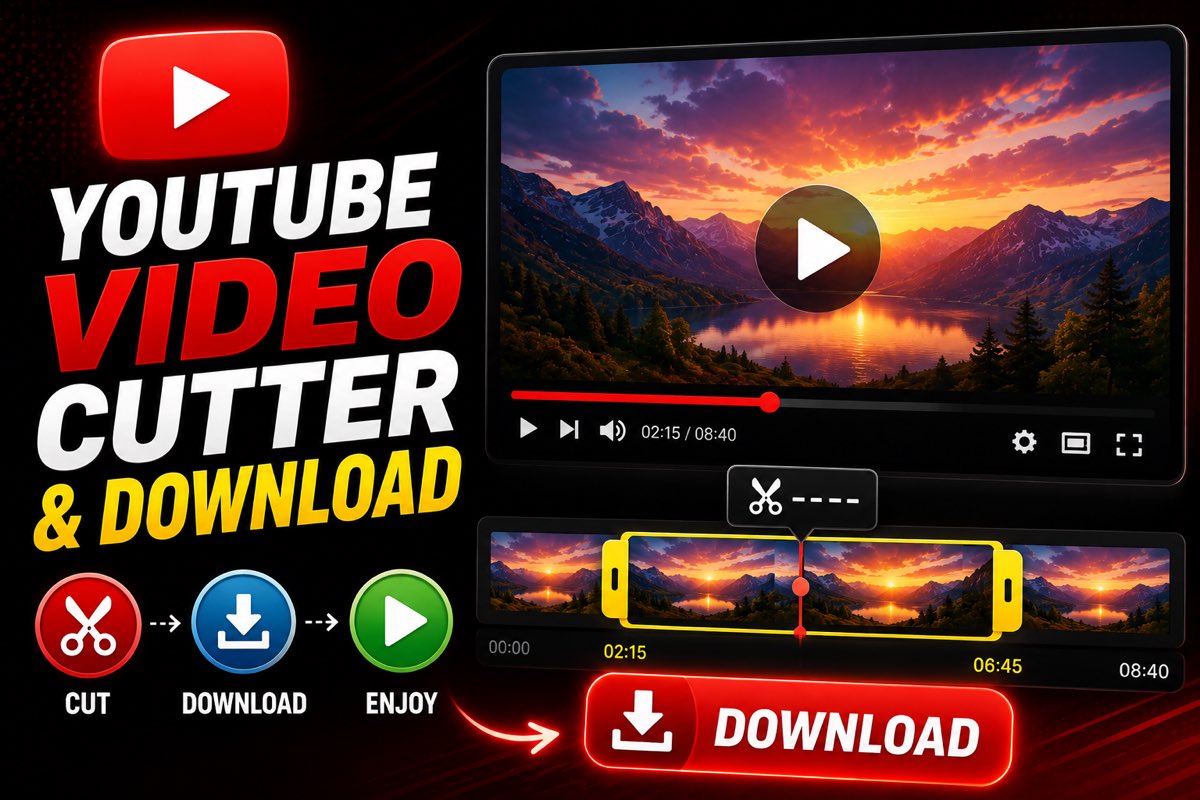 YouTube video cutter and download: a player paused at 02:15 of 08:40 with a 02:15 to 06:45 section selected on the filmstrip below, scissors marking the cut point, and a download button, labelled cut then download then enjoy