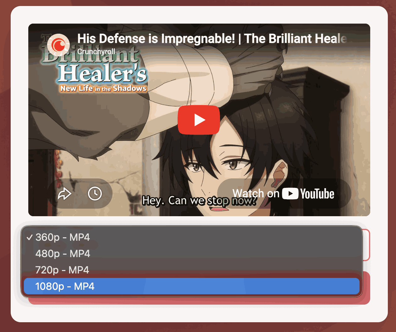 Step 2: Select video quality from dropdown (360p, 480p, 720p, 1080p) and click Download Video